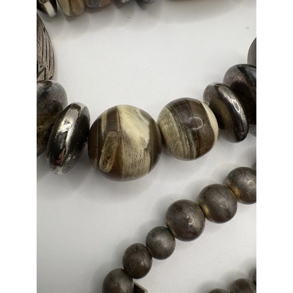 Vtg Designs By Paula Statement Necklace‎ Horn Wood Silver Toned Beads